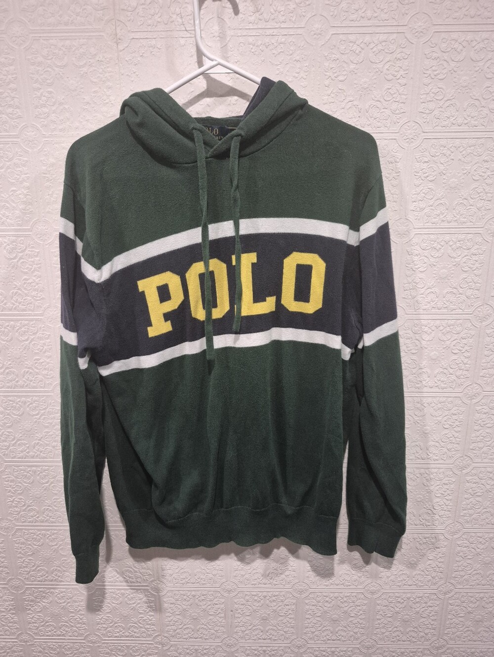 Polo Ralph Lauren Spellout Colorblock Knit Hoodie Sweater Green Navy Yellow M